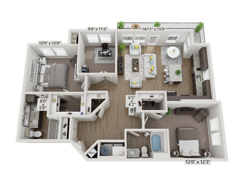 Floor plan for 2 beds, 2 baths, 1285 sqft